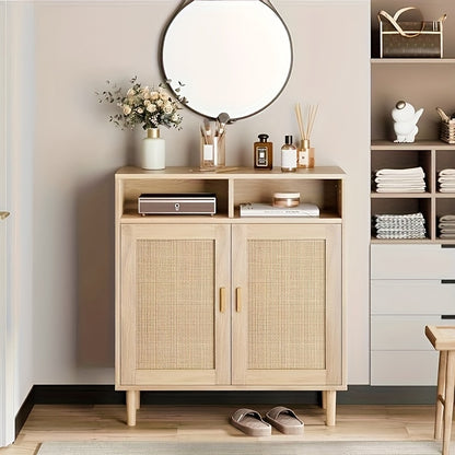 Modern Rattan Dressoir – Kast – Opbergkast – Sideboard – Buffetkast – Kunststof Hout – Makkelijk Te Monteren – Natuurlijk Eiken Afwerking
