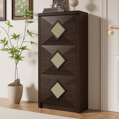 Modern Country Space-Saving Vintage Shoe Cabinet with Rattan Trim & 3-Tier Pull-Down Shelves - Dark Brown Wood Grain Vertical Entryway Furniture Suitable for Hallway, Small Spaces, Apartments - Easy Access Shoe Rack