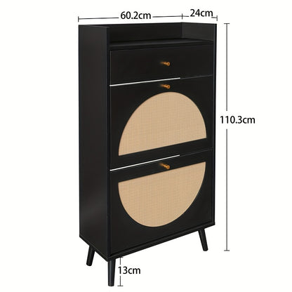 Schoenenkast – Schoenenrek – Schoenenopberger – Halkast – Schoenenbankje – Zwart Rattan Look – 2 Deuren Met Lade – 60 cm Breed – Zonder Achterpaneel