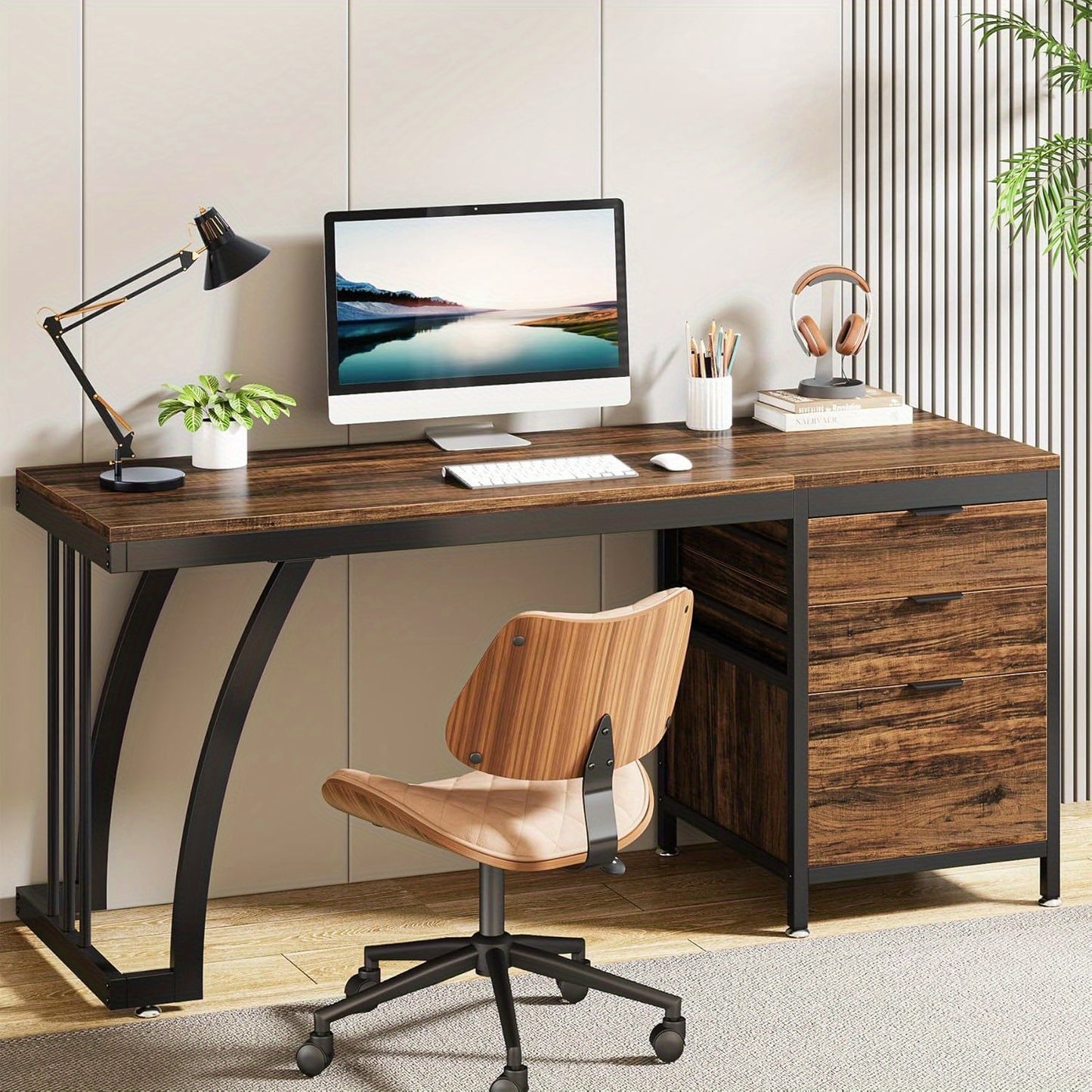Industriële Computer Bureau – Bureaustoel Tafel – Werkplek Bureau – Studie Bureau – Rustiek Bruin – 59 Inch – Met 3 Omkeerbare Laden & Bestandsopslag – Stevig Metaal & Geperst Hout