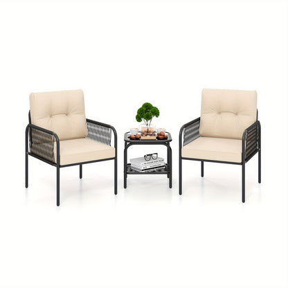 3-delig Bistro Set – Tuinset – Terrasmeubel – Patio Meubels – Balkonset – Lichtbeige PE Rattan – Gehard Glas Tafel – Comfortabele Zachte Kussens