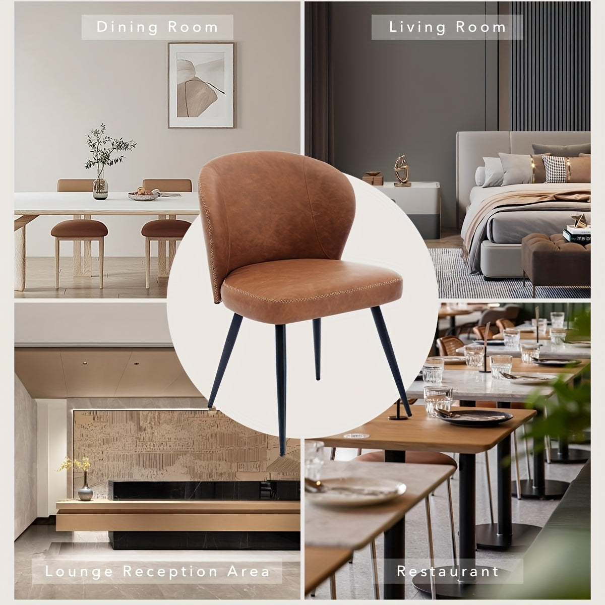 Eetkamerstoelen – Stoelen – Kuipstoelen – Keukenstoelen – Zwarte metalen poten – Kunstleer – Ergonomisch – Foamzitting – Set van 2 – Bruin