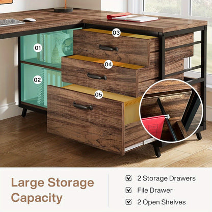 Hoekbureau – Bureau – Computerbureau – Werkplek – L-vormig bureau – Bruin – Omkeerbaar ontwerp – 134,62 cm Werkblad – 3 Laden en 2 Open Planken