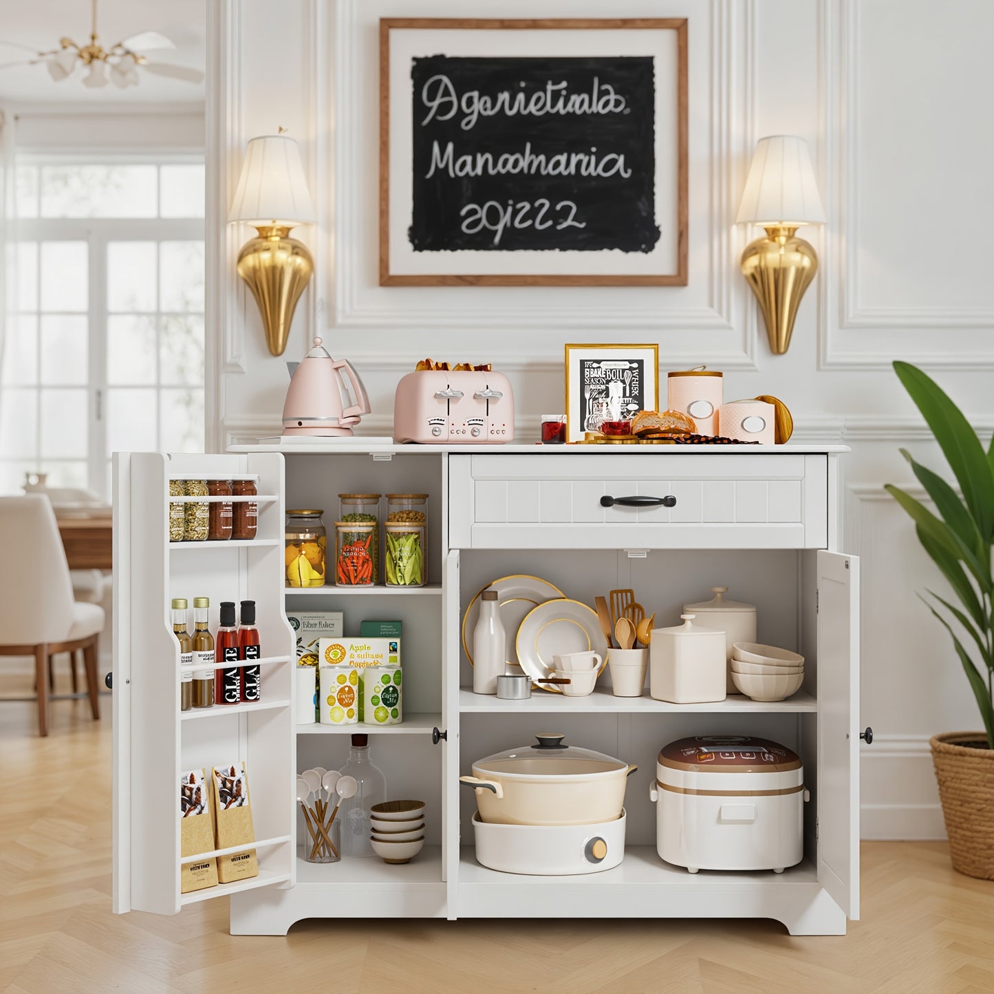 Opbergkast – Kasten – Dressoir – Sidetable – Kastje – Vrijstaand – Wit Retro Bruin – Hardhouten Constructie – Ruime 3-Deurs + Ladenkast – 3,2 Kubieke Voet Opslag
