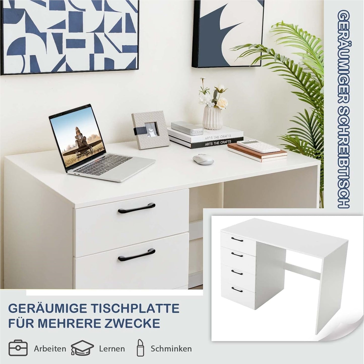 Bureau – Computertafel – Werkplek – Studietafel – Schrijftafel – Modern Wit Design – 110 x 60 x 76 cm – 4 Ruime Lades