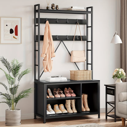 Halmeubel – Kapstok – Schoenenrek – Zitbank – Opbergmeubel – Industrieel Design – Robuuste MDF & Metaal – 62 kg Belastbaar – 5-in-1 Multifunctioneel Organizer – Zwart Houtkleur