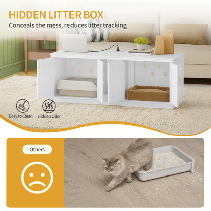 Kattenhuis – Kattenmeubel – Kattenkast – Kattenbakmeubel – Verstopte kattenbak – 140 cm Groot – Met USB Poorten en Stopcontacten – Wit