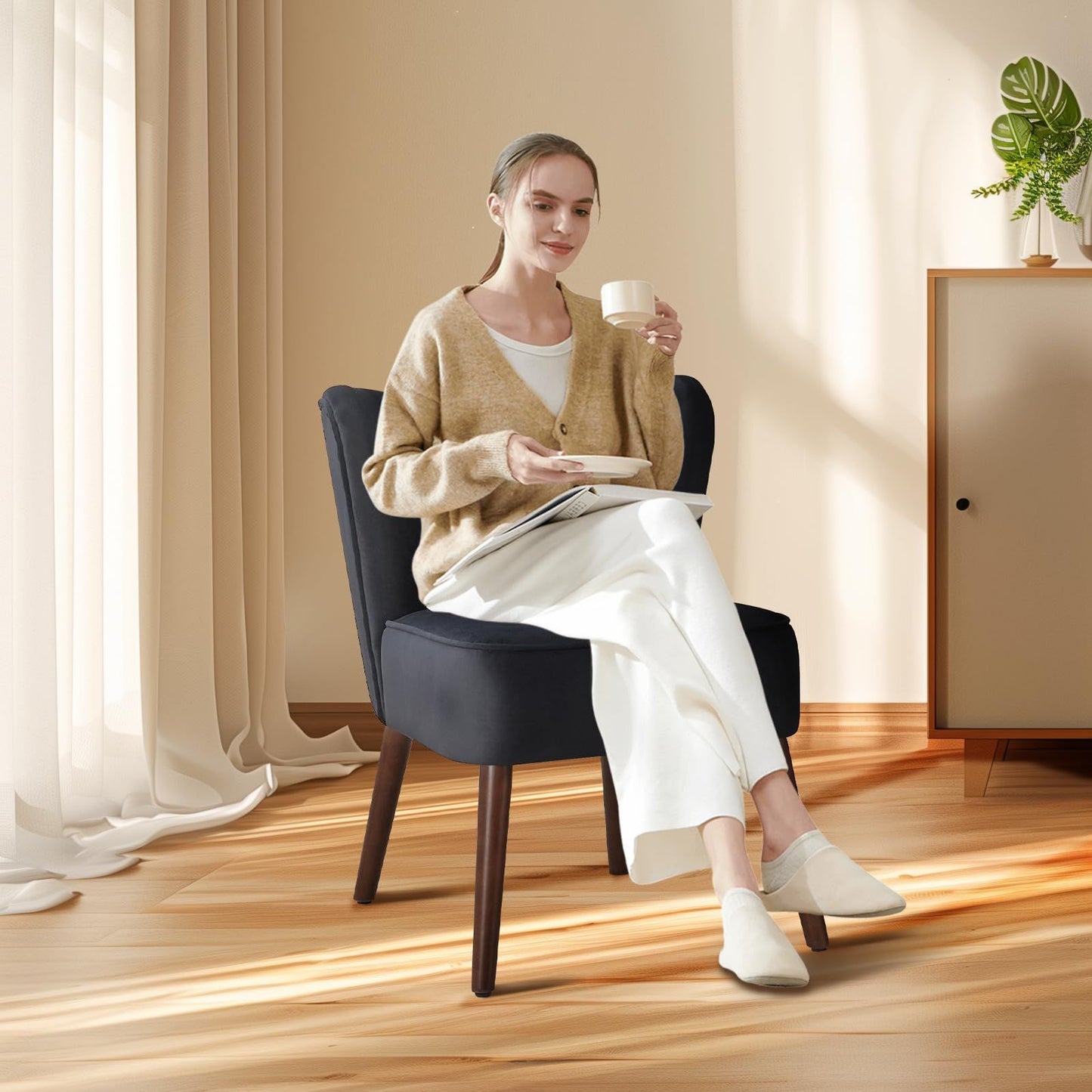 Mid-Century Loungezetel – Fauteuil – Accentstoel – Relaxstoel – Wingback Stoel – Zwart Katoenfluweel – Verstelbare Hardhouten Poten