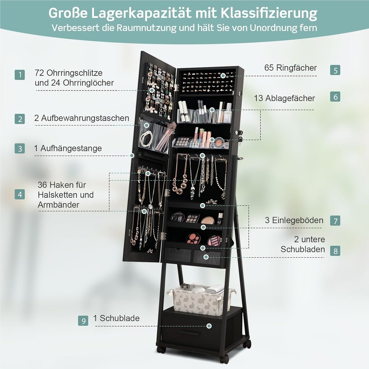 Sieradencabinet – Sieradenkast – Spiegelkast – Make-upkast – Opbergkast – Vrijstaand – Met Slot – Mobiel Met Wieltjes – Zwart – MDF Met Metaal – 42x38x157 cm