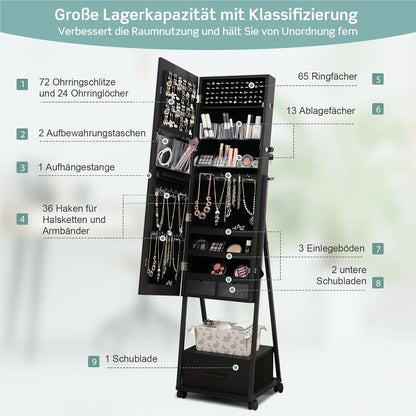 Sieradencabinet – Sieradenkast – Spiegelkast – Make-upkast – Opbergkast – Vrijstaand – Met Slot – Mobiel Met Wieltjes – Zwart – MDF Met Metaal – 42x38x157 cm