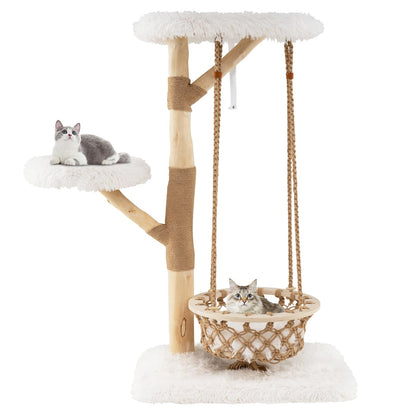 Kattenboom – Krabpaal – Klimmeubel – Speelboom – Kattenmeubel – Natuurlijke Perenhout Takken – Comfortabele Hangmat Met Kussen – Extra Stabiel Met Anti-Kantel Mechanisme