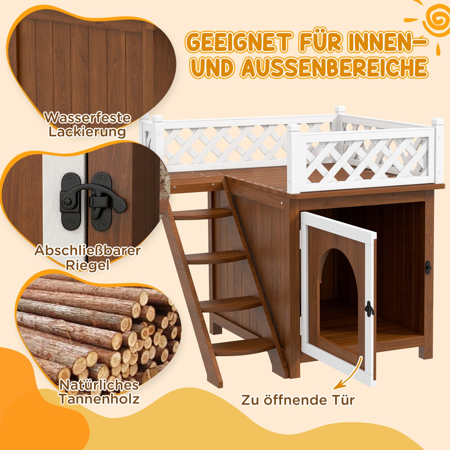 Tweeverdiepingen Kattenhuis – Kattenhut – Kattenverblijf – Kattenren – Konijnenhuis – Bruin – Duurzaam Dennenhout – Veilig Balkon Met Trapjes