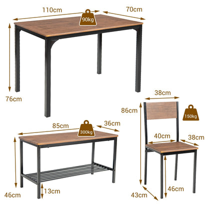 Eettafel Set 4-delig – Keukentafel – Stoelenset – Eetkamertafel – Industrieel Tafeldesign – Metaal Frame – Grote Bank Met Opbergruimte – Bruin