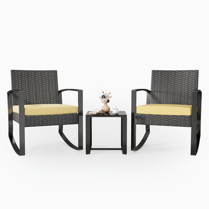 3pcs All-Weather PE Rattan Outdoor Furniture Set with Cushions - Modern Wicker Sofa, 2 Armchairs & Coffee Table, Beige/Gray/Blue Color Options, Heavy-Duty Metal Frame & High Quality Tempered Glass Tabletop for Patio, Balcony,
