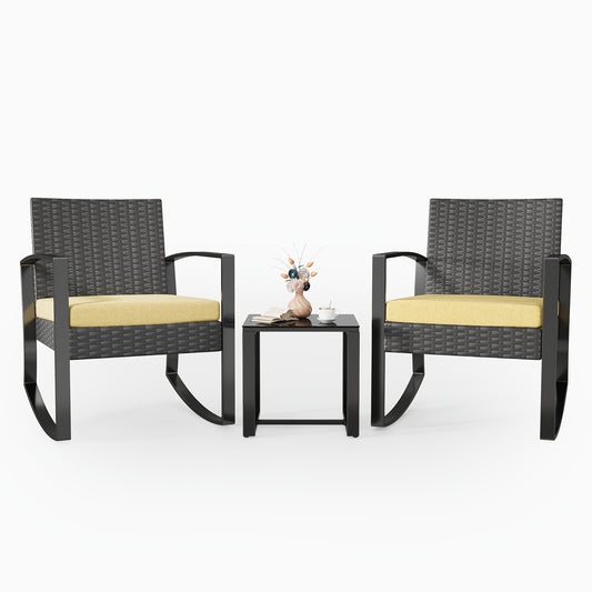 3pcs All-Weather PE Rattan Outdoor Furniture Set with Cushions - Modern Wicker Sofa, 2 Armchairs & Coffee Table, Beige/Gray/Blue Color Options, Heavy-Duty Metal Frame & High Quality Tempered Glass Tabletop for Patio, Balcony,