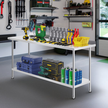 RVS Werktafel – Stalen Werkbank – Keuken Werkblad – Voedselbereidingstafel – Horeca Werktafel – 183x61x91 cm – Verstelbare Opbergruimte – Roestvrij Staal 0,8 mm