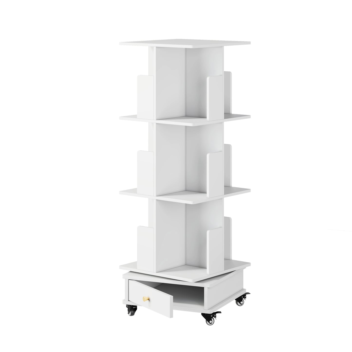 Boekenkast – Boekenrek – Opbergkast – Draaibare Kast – Mobiele Boekenkast – 3-laags met Lade – 360° Draaibaar met Vergrendelbare Wielen – Duurzaam Hardhout, Compact & Ruimtebesparend