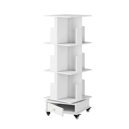Boekenkast – Boekenrek – Opbergkast – Draaibare Kast – Mobiele Boekenkast – 3-laags met Lade – 360° Draaibaar met Vergrendelbare Wielen – Duurzaam Hardhout, Compact & Ruimtebesparend