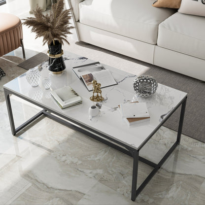 Salontafel – Koffietafel – Woonkamertafel – Bijzettafel – Tafeltje – Wit Sintersteen Blad – Kras- en Hittebestendig – Roestvrij Aluminium Frame