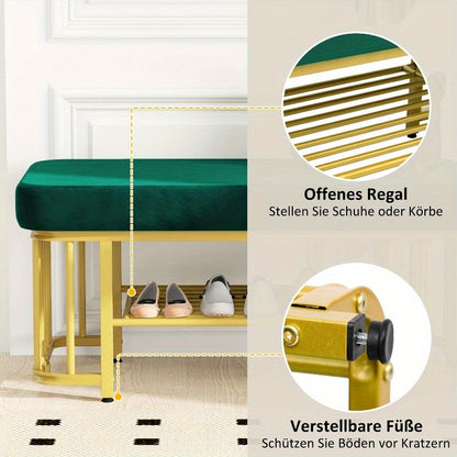 Schoenenbank – Halbank – Opbergbank – Bankje Met Kussen – Zitbank – Smal Design – Verstelbare Hoogte & Stijlvolle Groene Fluwelen Bekleding