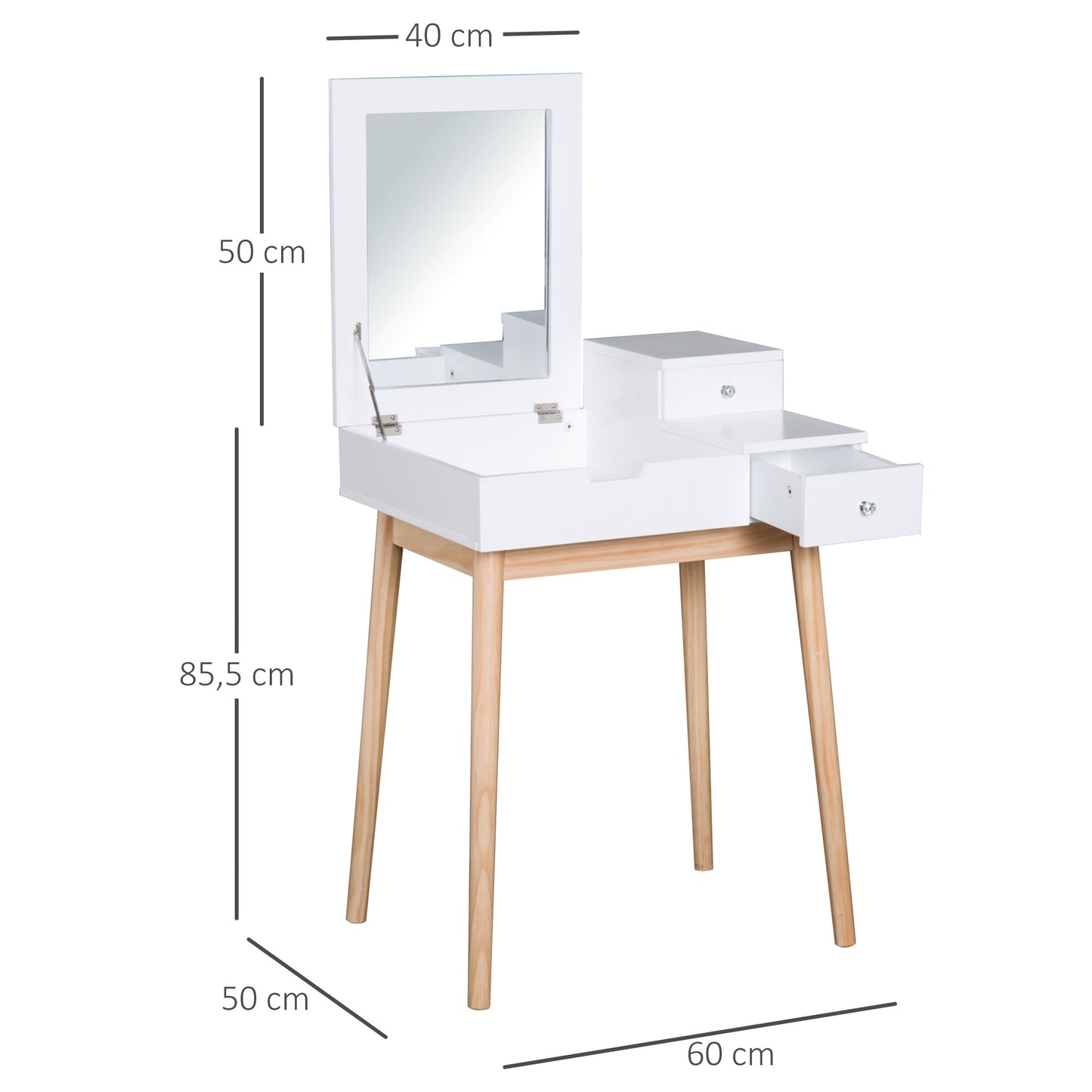 Kaptafel – Make-up Tafel – Vanity – Secretaire – Dressing Table – Scandinavisch Design – Vouwbare Spiegel – Ruime Opbergruimte – Wit MDF – Compact 60x50x86 cm