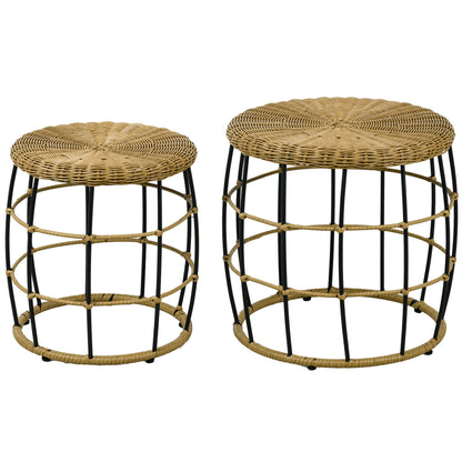Bijzettafel – Bijzettafeltje – Salontafel – Nachtkastje – Banktafel – Set van 2 – Donkerbruin Rotan Effect – Nesting Design met Stalen Frame