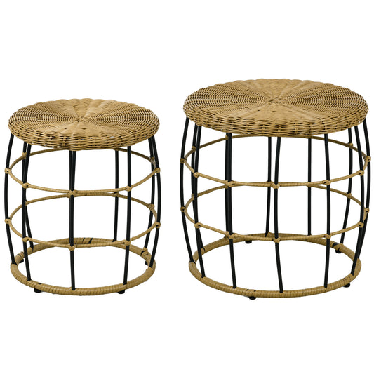 Bijzettafel – Bijzettafeltje – Salontafel – Nachtkastje – Banktafel – Set van 2 – Donkerbruin Rotan Effect – Nesting Design met Stalen Frame