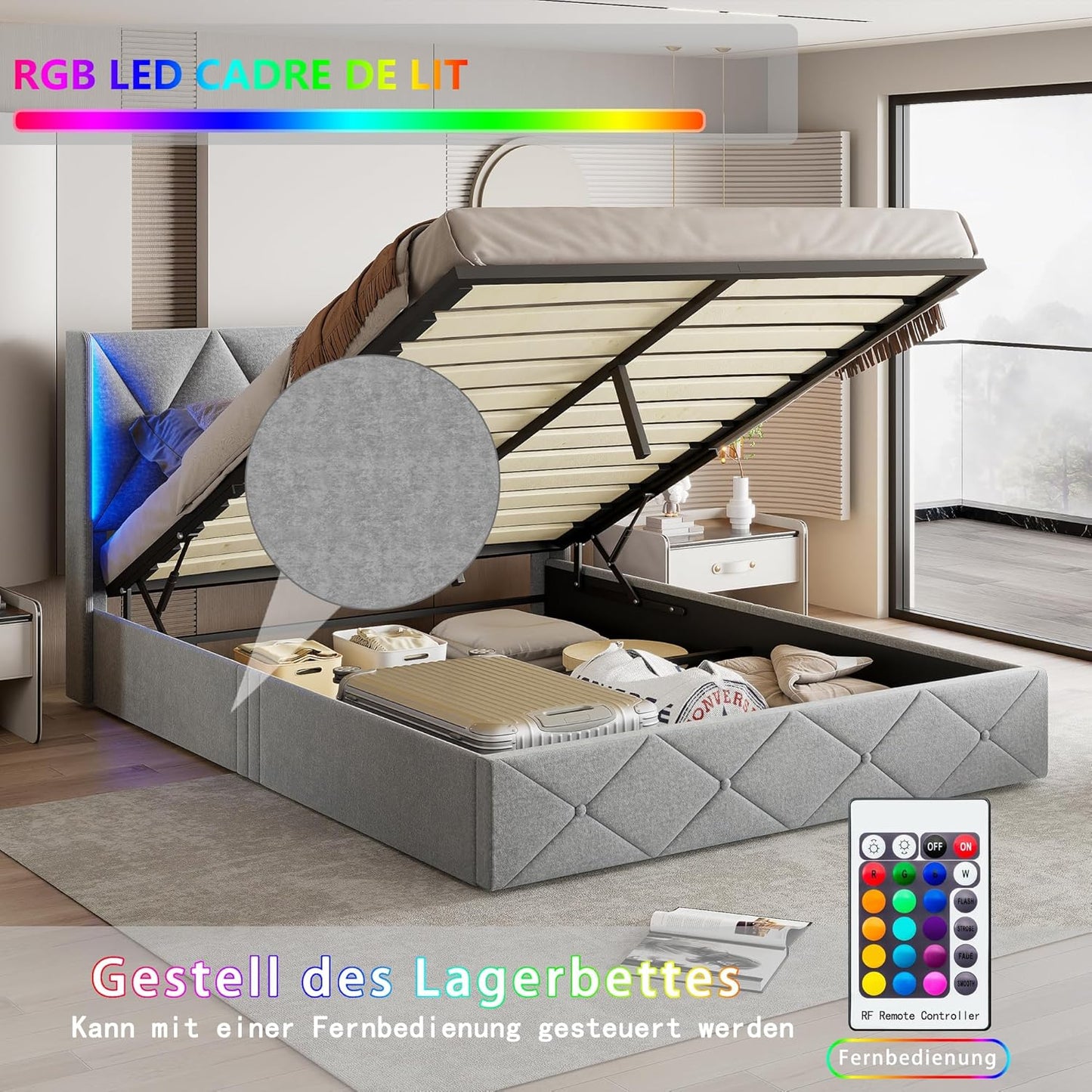 Tweepersoonsbed – Bedframe – Opbergbed – Boxspring – Bedlade – 160x200 cm – Velvet Bekleding – Hydraulische Opbergruimte Met LED-Verlichting