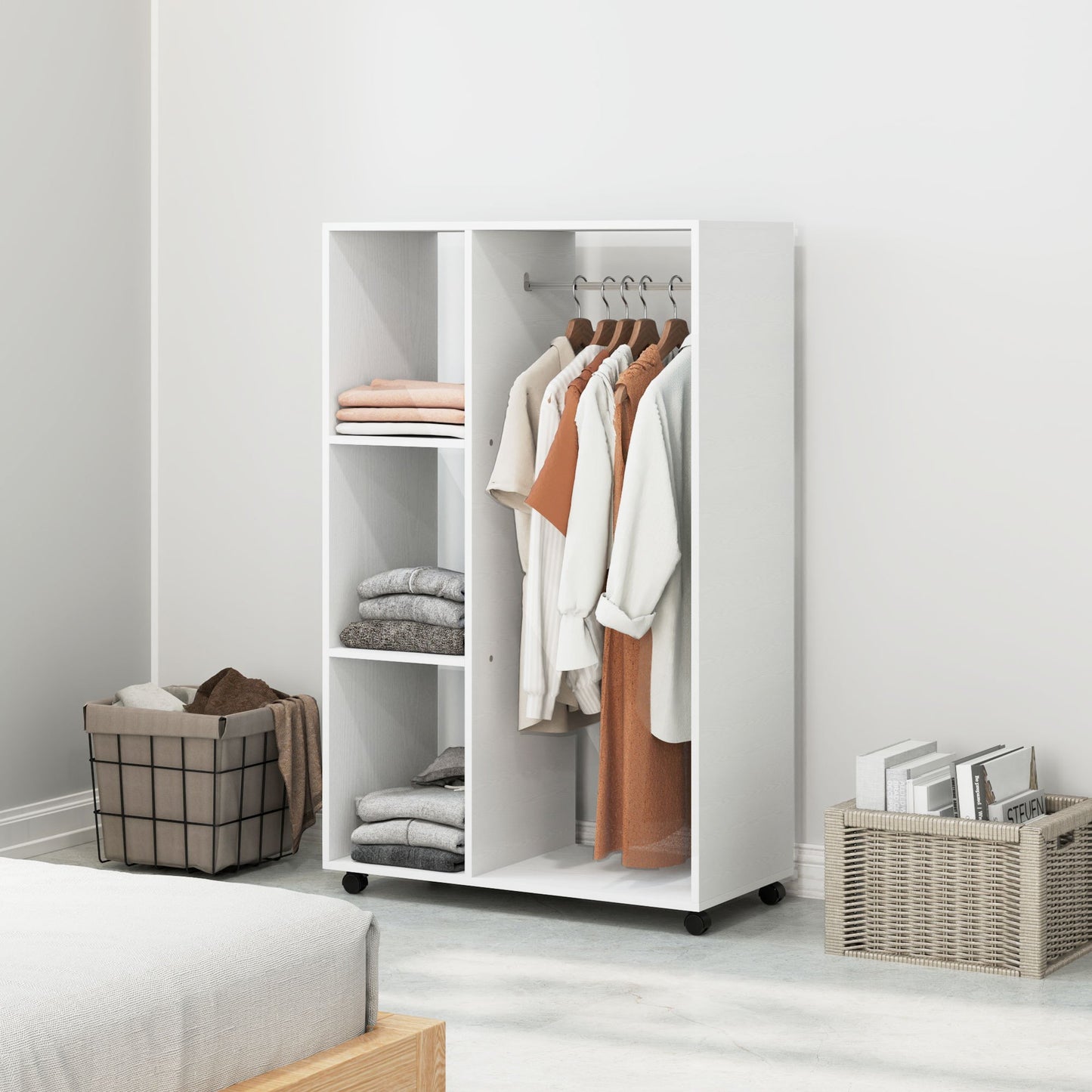 Rollende Kledingkast – Mobiele Kast – Kledingrek Op Wieltjes – Opbergkast – Garderobekast – Compact 80x40x128 cm – Stevig Wit Frame