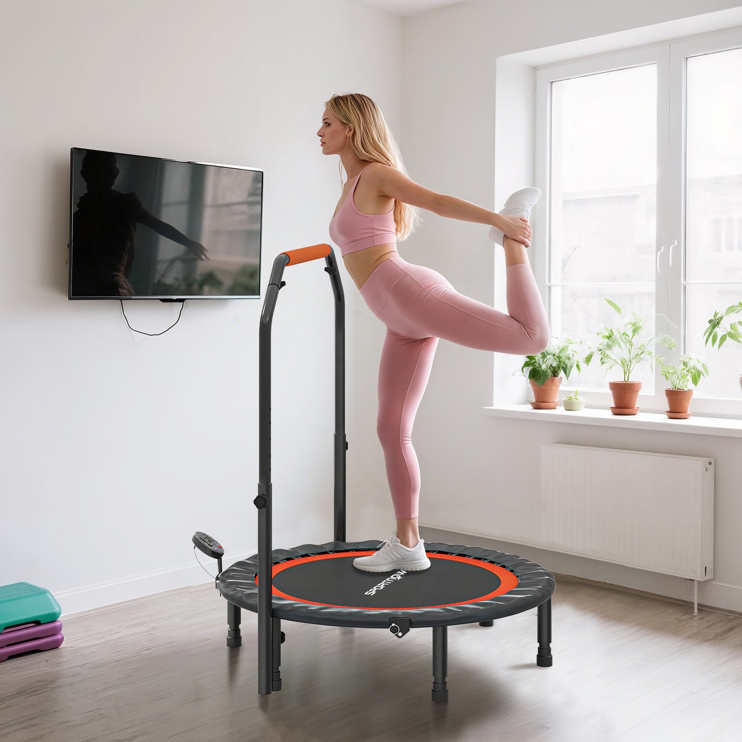 Mini Trampoline – Fitness Trampoline – Jumping Trampoline – Springmat – Trainingsapparaat – Verstelbare Handgreep 99-123 cm – LCD Monitor – Stalen Frame – Zwart/Rood – Ø102 cm