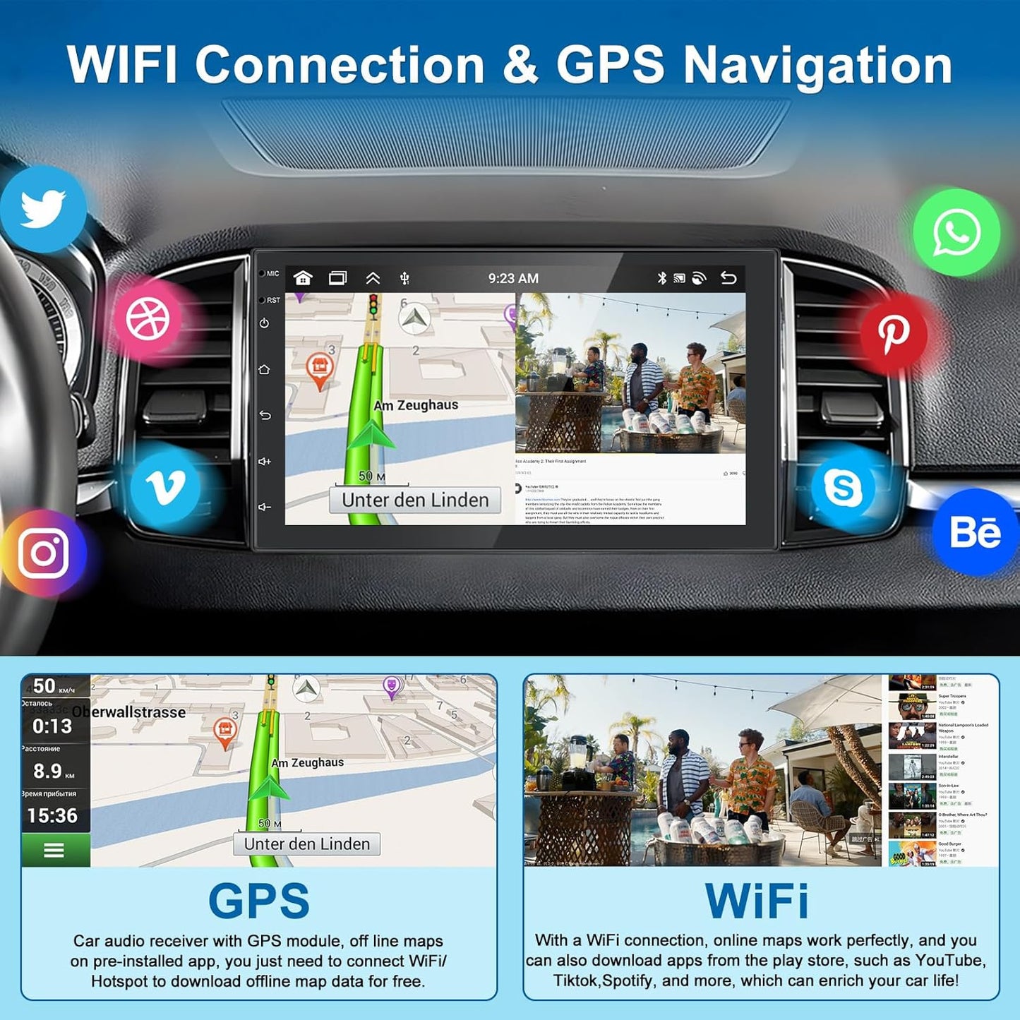 Android 15 2-DIN Autoradio – Multimedia Systeem – Auto Stereo – Navigatie Systeem – Draadloze CarPlay – 7 Inch Touchscreen – 4 GB RAM 64 GB Opslag – Met AHD Achteruitrijcamera & Microfoon