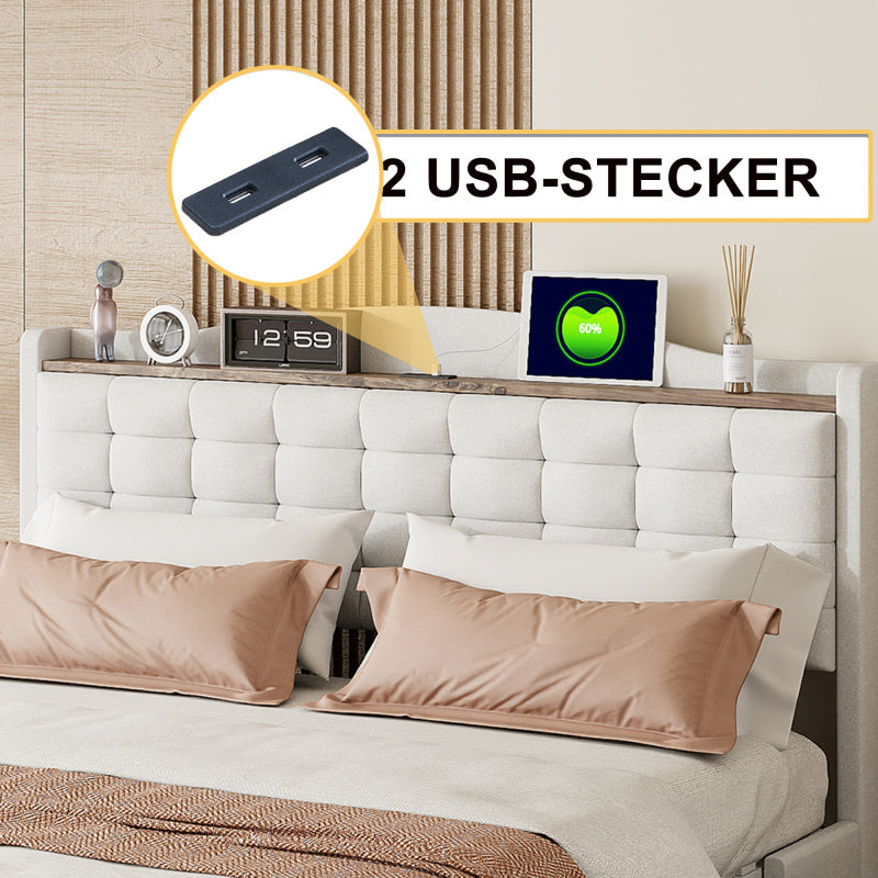 Tweepersoonsbed – Gestoffeerd Bed – Opbergbed – Slaapbed – Bedframe – 140x200 cm – Linnen Bekleding Beige – Inclusief Nachtkastje Met Laadfunctie