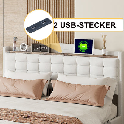 Tweepersoonsbed – Gestoffeerd Bed – Opbergbed – Slaapbed – Bedframe – 140x200 cm – Linnen Bekleding Beige – Inclusief Nachtkastje Met Laadfunctie