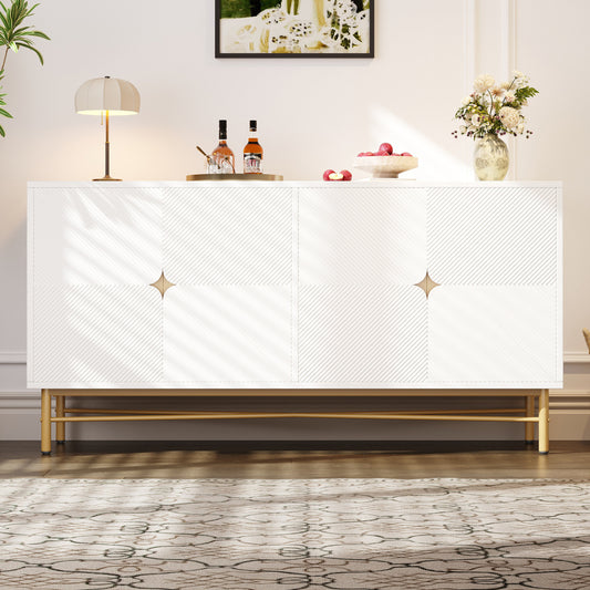 Dressoir – Sideboard – Opbergkast – Kast – Commode – Wit Spaanplaat – 160x40x82 cm – Verhoogde Structuur – Gouden Handgrepen