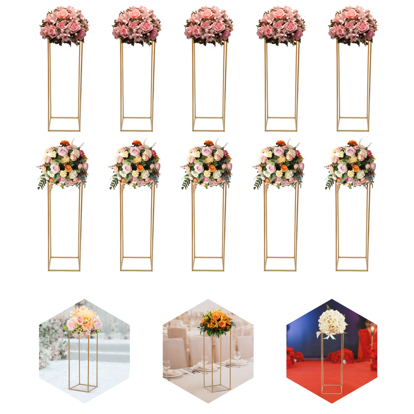 Vaasstandaard – Bloemenstandaard – Boeketstandaard – Bloemenhouder – Bloemhouder – Gouden Set van 10 – Stevig IJzer – 27x27x80 cm, Max 10 kg Draagkracht
