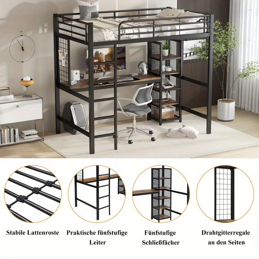Hoogslaper – Loftbed – Kinderbed – Stapelbed – Eenpersoonsbed – Metaal & Donker Hout – 90x200 cm – Met Bureau en Opbergruimte