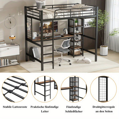 Hoogslaper – Loftbed – Kinderbed – Stapelbed – Eenpersoonsbed – Metaal & Donker Hout – 90x200 cm – Met Bureau en Opbergruimte