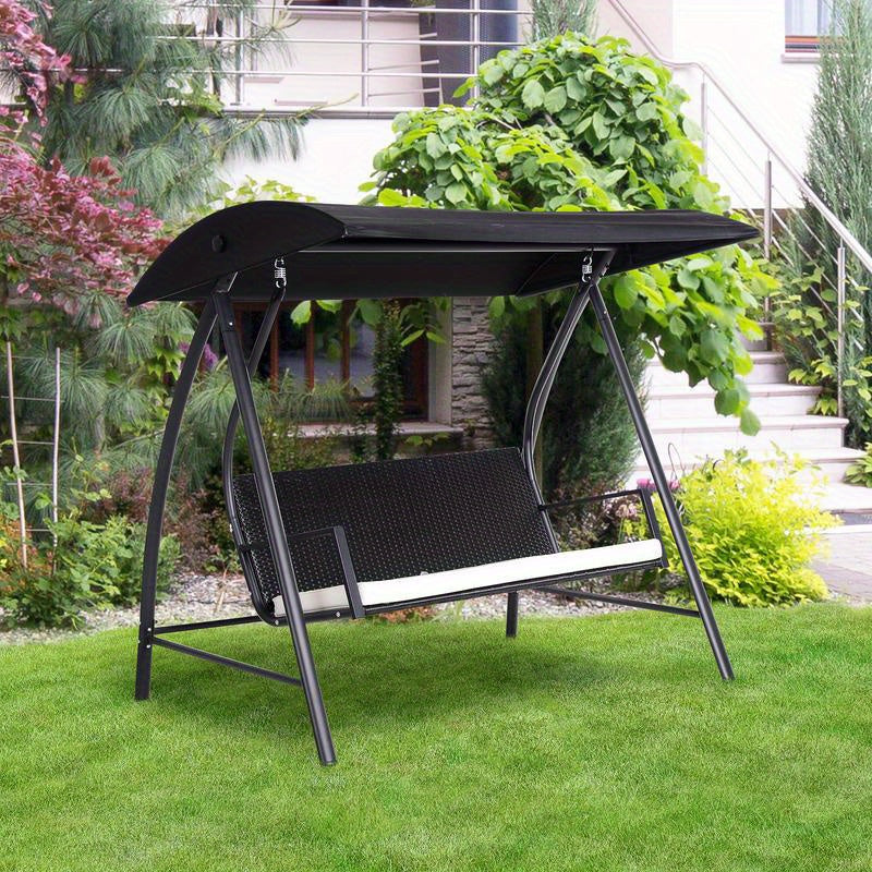 Heavy Duty Metal Porch Swing Chair with Adjustable Sun Shelter & Cushioned Seat - 360kg Capacity, 198x124x179cm Large Outdoor Swing Bed for Patio, Yard, Garden