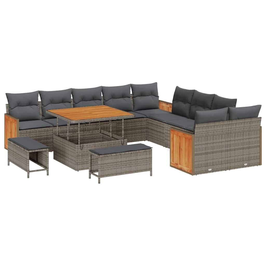 Loungeset Tuin – Loungesofa – Tuinbank – Loungeset Modular – Tuinmeubel – 5 Persoons – Weerbestendig Poly Rattan & Acaciahout – Verwijderbare Kussens Grijs/Donkergijs
