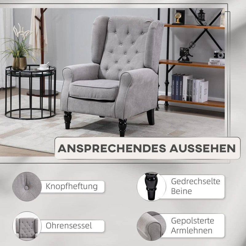 Fauteuil – Armstoel – Loungechair – Zetel – Relaxstoel – Grijs – Button-tufting – 74x86x102 cm – Polyester Bekleding – Houten Poten