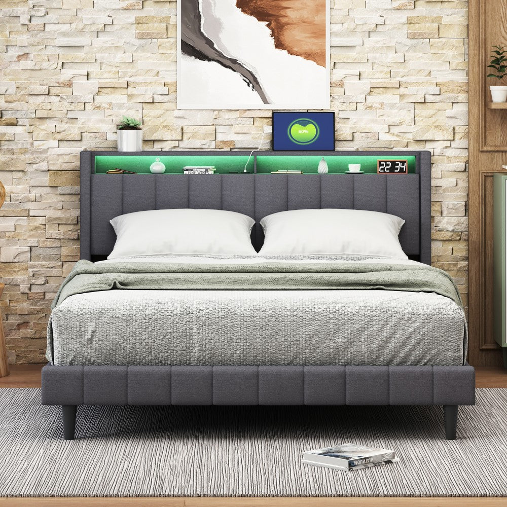 Bedden – Tweepersoonsbed – Gestoffeerd Bed – Slaapbed – Bedframe – 140x200 cm – USB Oplaadpunt – LED Verlichting