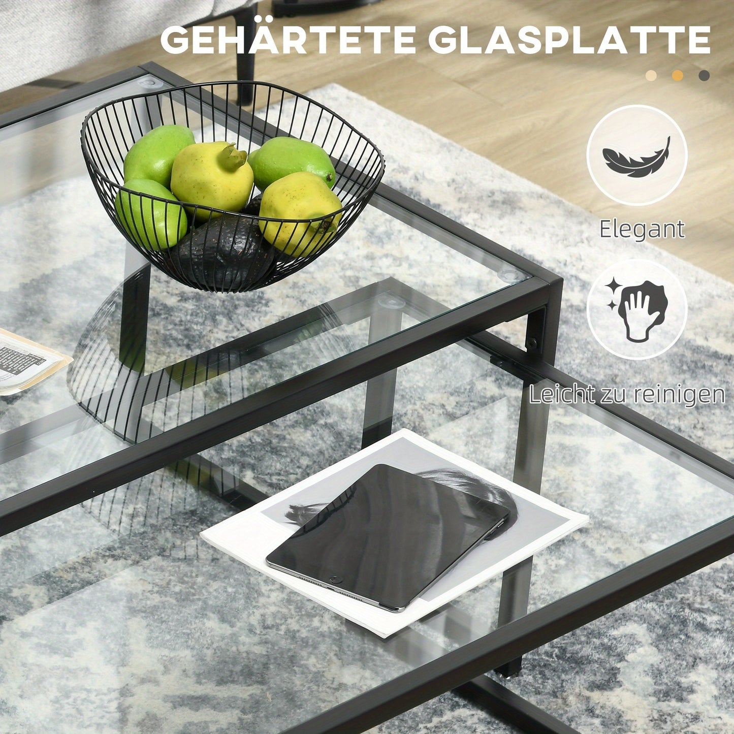 Salontafel Set – Bijzettafel – Glazen Tafel – Sofa Tafel – Woonkamertafel – Zwart Stalen Frame – Ruimtebesparend Design – Helder Glasblad