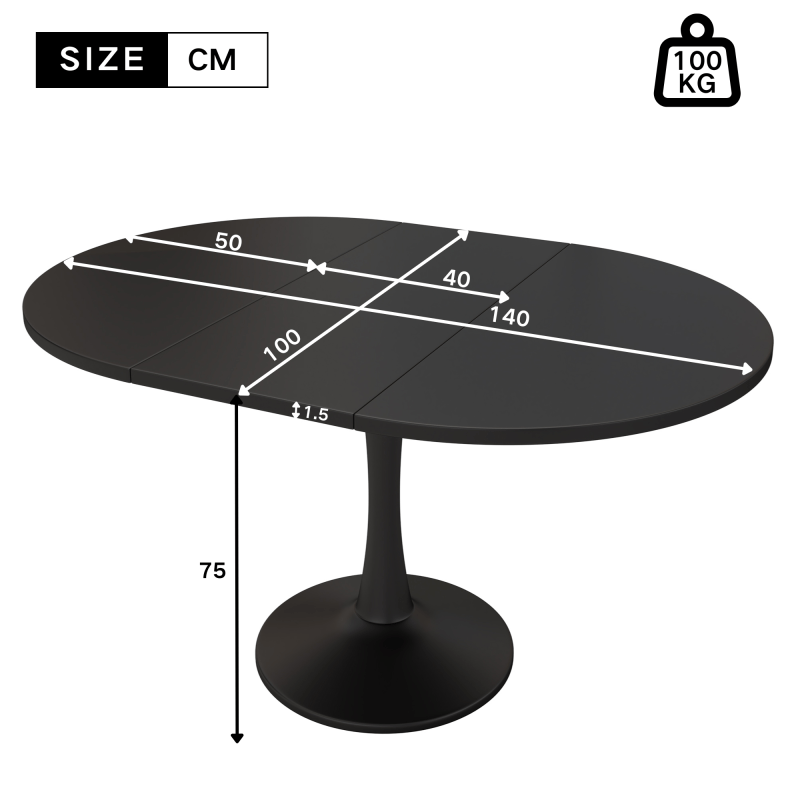 Uitbreidbare Ovale Tafel – Eettafel – Koffietafel – Werktafel – Tafeltje – Zwart MDF – 100-140 cm Lengte – Stevig Tot 100 kg