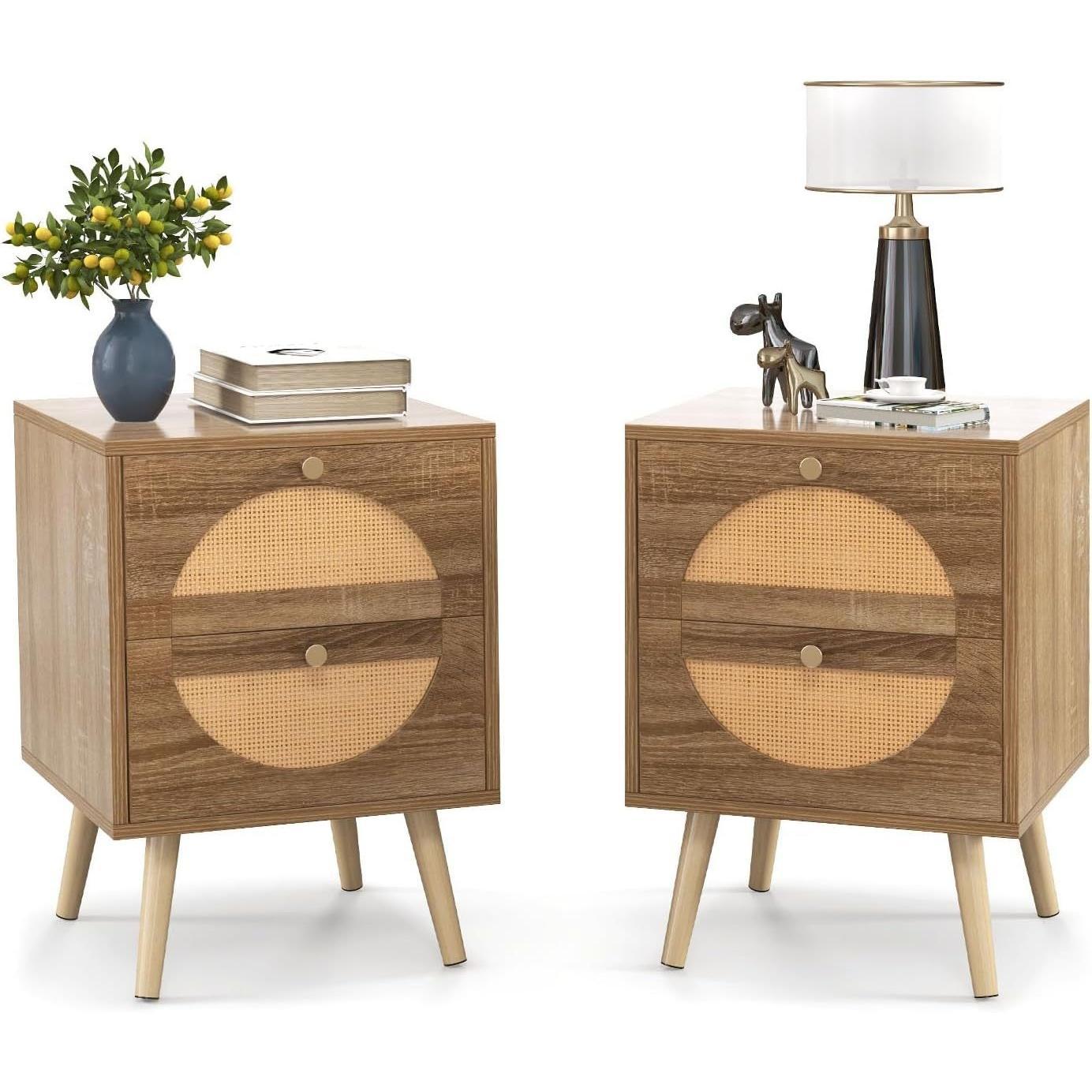 Nachtkastje – Nachtkastjes – Bijzettafel – Ladekastje – Wandkast – Set Van 2 – Bohemian Rattan Design – 2 Laden Met Massief Houten Poten 40x40x56 cm