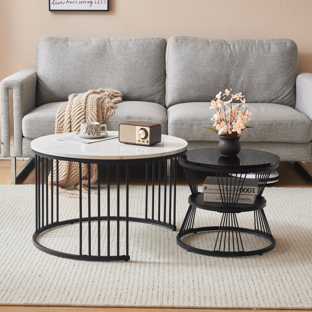 Modern nesting coffee tables, coffee table sets, high-gloss tabletops, marble-effect finish, sofa side tables, round nesting coffee tables, 2pcs sets, black frames,  Spacesaving Tables, Contemporary Style, Sleek Furniture, Me