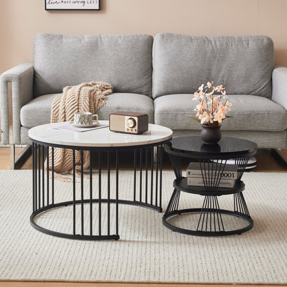 Modern nesting coffee tables, coffee table sets, high-gloss tabletops, marble-effect finish, sofa side tables, round nesting coffee tables, 2pcs sets, black frames,  Spacesaving Tables, Contemporary Style, Sleek Furniture, Me