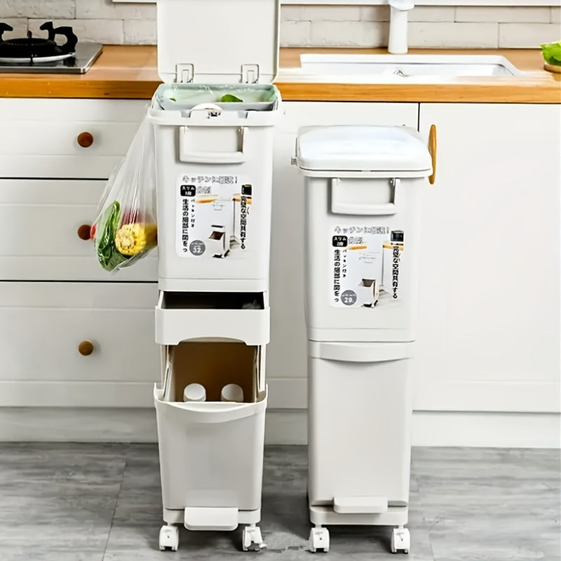 32L Large Capacity Heavy-Duty Plastic Kitchen Trash Can with Double-Layer Dry/Wet Separation, Odor-Sealing Lid & Step-Top Operation - Modern Rectangular Bin with Glossy Finish, Space-Saving Design, 3-Tier No Bend Design, Whee