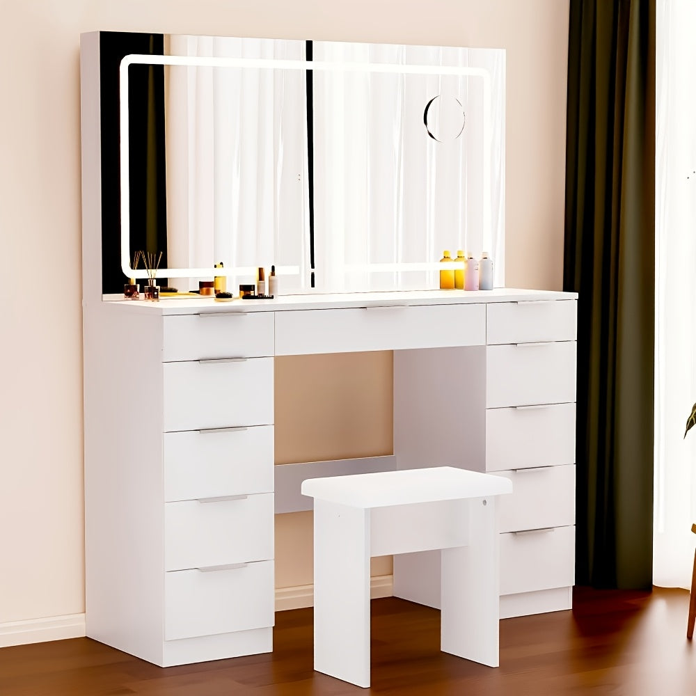 Kaptafel – Make-up Tafel – Toonbank – Dressoir – Schoonheidstafel – Wit – 11 Lades – Verstelbare LED Spiegel – Glazen Tafelblad – Inclusief Krukje
