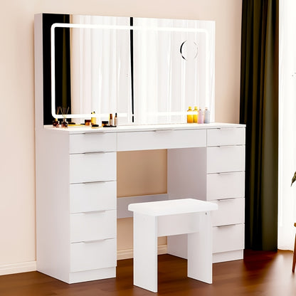 Kaptafel – Make-up Tafel – Toonbank – Dressoir – Schoonheidstafel – Wit – 11 Lades – Verstelbare LED Spiegel – Glazen Tafelblad – Inclusief Krukje