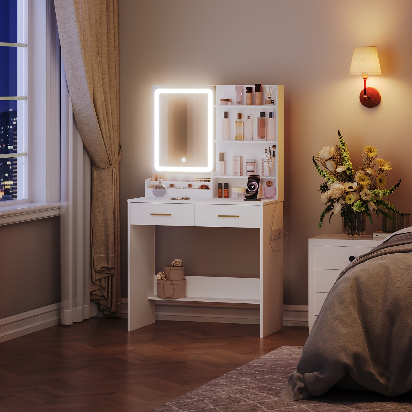 Makeuptafel – Kaptafel – Vanity – Schminktisch – Dressing Table – Met LED-verlichting – 2 Stopcontacten en 2 USB-poorten – 2 Lades en 4 Open Planken – Wit